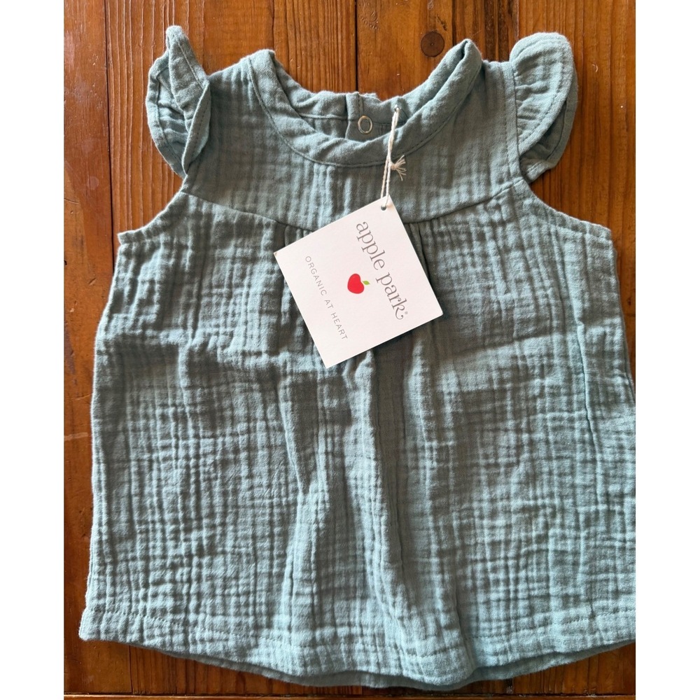 3-6m Apple Park NWT 100% Organic Cotton Muslin Sage Green Color Dress - Picture 3 of 6